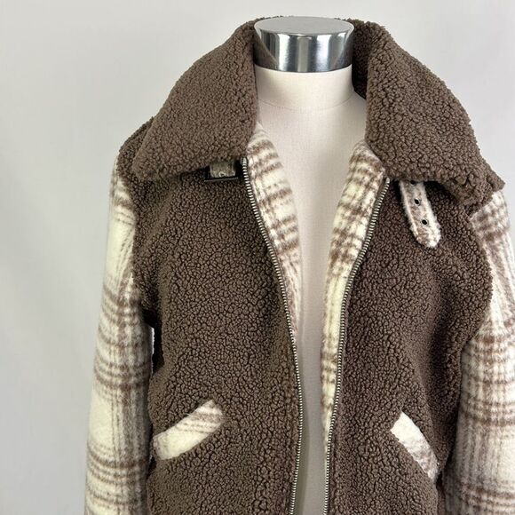 Jonathan Simkhai Tan Fleece w Plaid Trim Zip Bomber Jacket - Picture 3 of 7